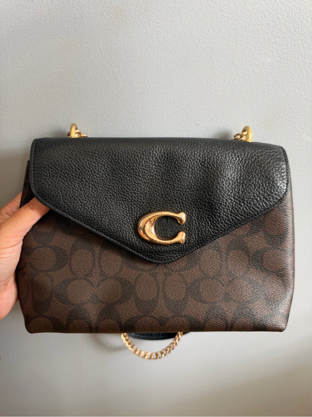 Coach Signature Canvas Shoulder Bag with Black Leather Flap & Gold Hardware